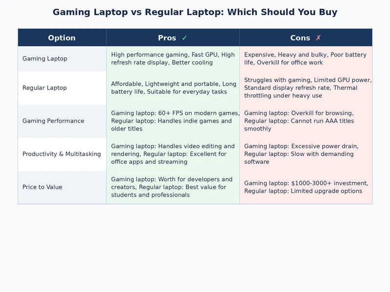 gaming laptop vs regular laptop detailed comparison chart showing performance, battery, and price