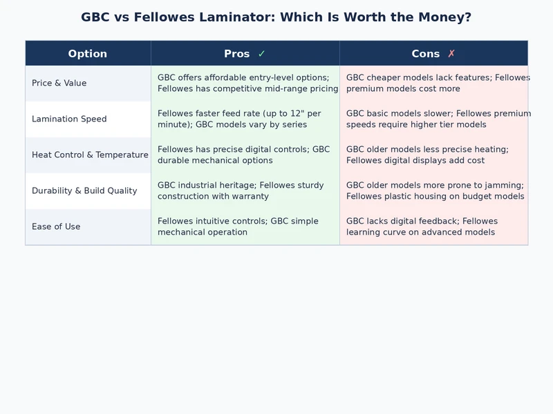 GBC vs Fellowes laminator feature comparison chart showing ratings across categories
