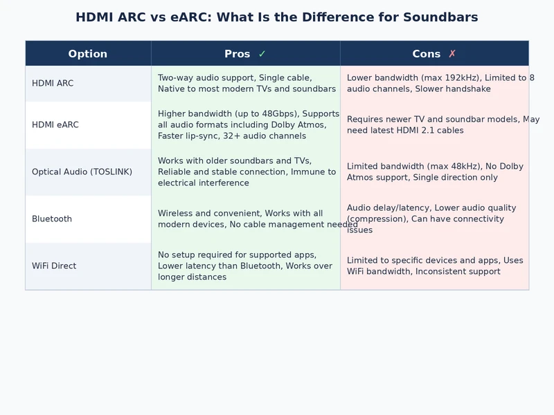 Comparison chart of HDMI ARC vs eARC audio format support for soundbars including Dolby Atmos and DTS:X