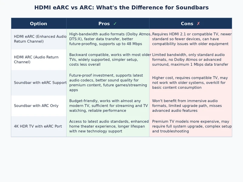Visual comparison of HDMI eARC vs ARC soundbar audio formats and specifications