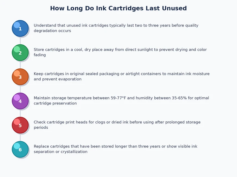 Step-by-step process diagram showing best practices for storing ink cartridges unused