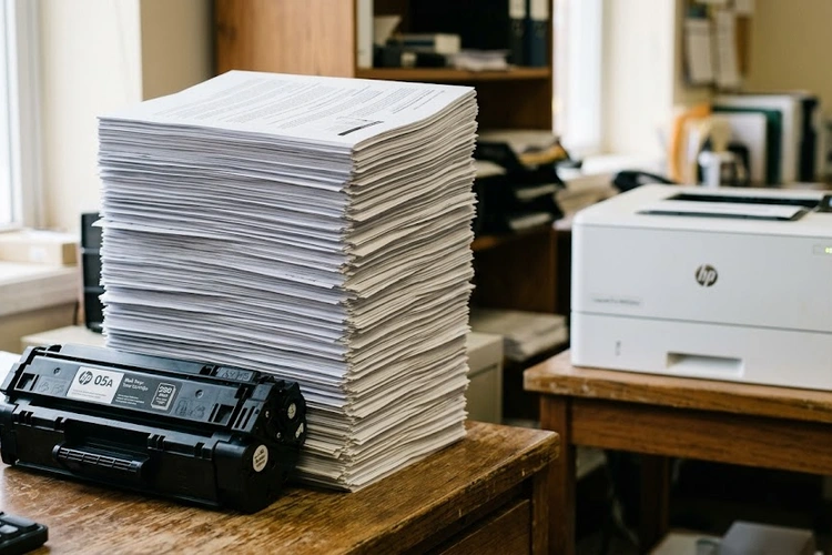 How many pages does a toner cartridge last — laser printer toner cartridge on a desk next to printed pages