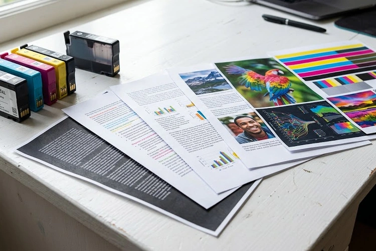 how much ink does a printer use per page — inkjet cartridge beside printed documents