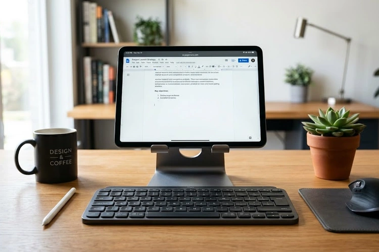 tablet with keyboard setup showing a Bluetooth keyboard paired to an Android tablet on a desk