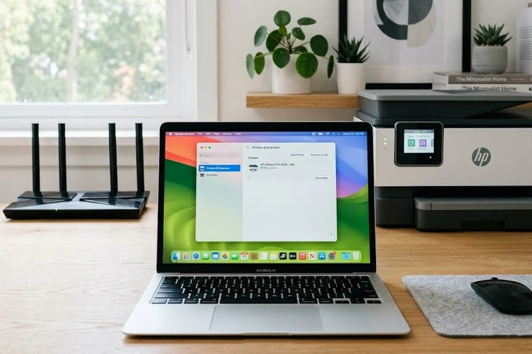 MacBook on a desk next to a wireless printer showing how to add printer to Mac wirelessly