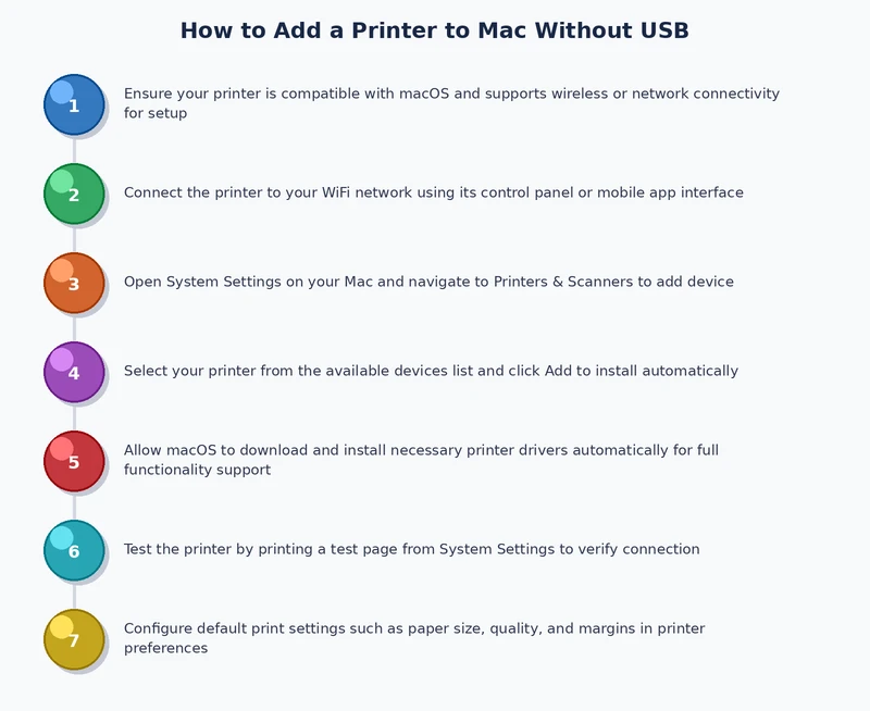 Process diagram showing the steps to add printer to Mac wirelessly via AirPrint, Wi-Fi, Bluetooth, and IP address methods