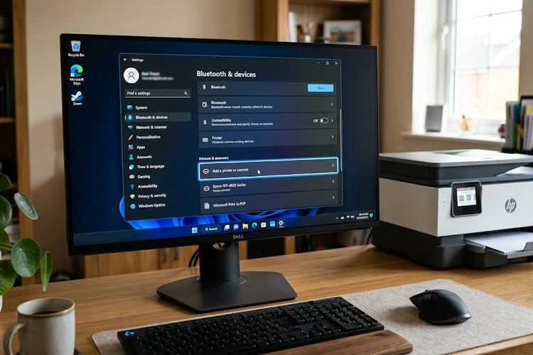 Windows 11 Settings screen showing how to add a printer to Windows 11