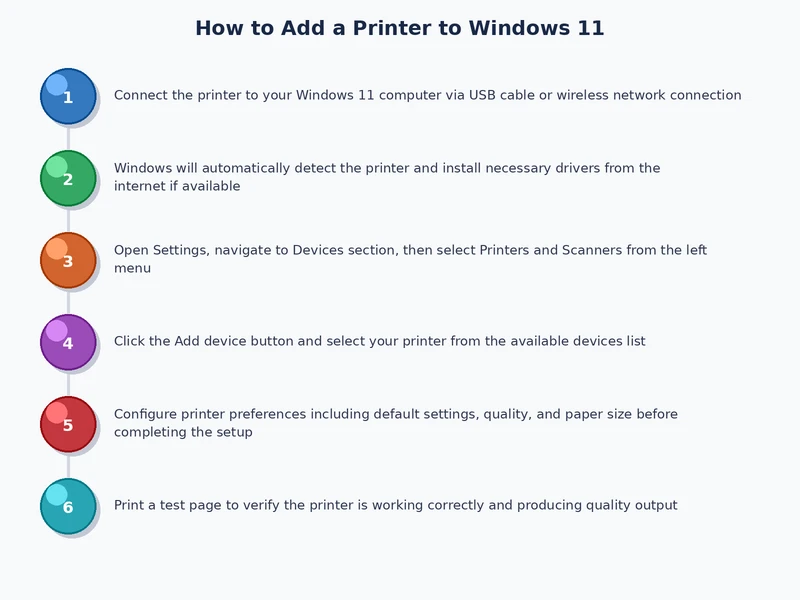 Step-by-step process diagram for how to add a printer to Windows 11