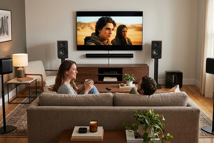rear speakers added to a soundbar for surround sound setup in a living room