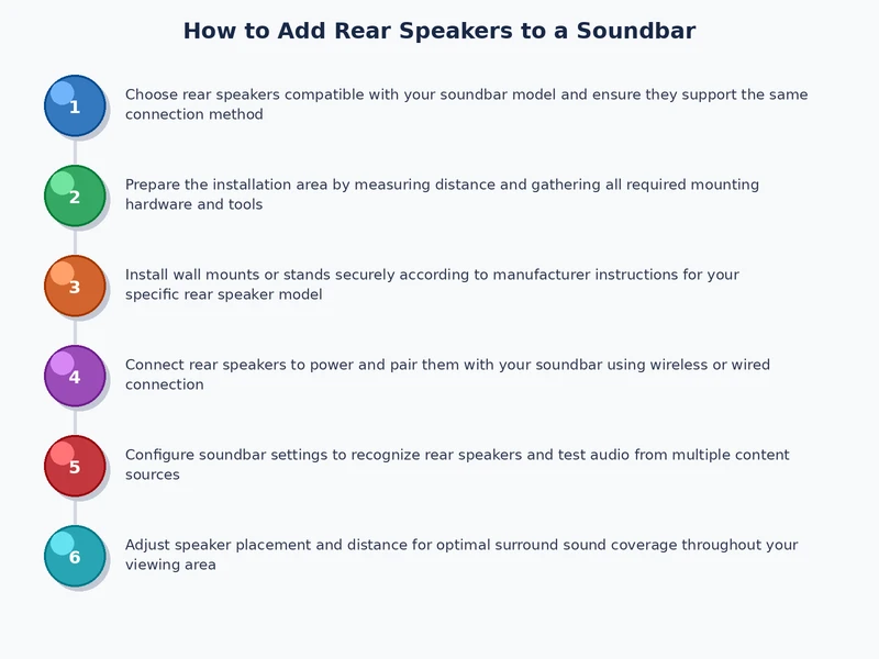step-by-step process diagram for adding rear speakers to a soundbar