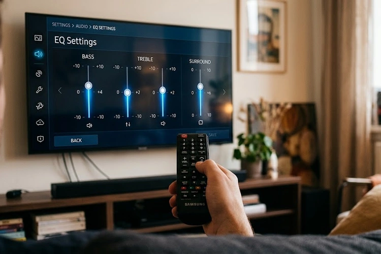 Soundbar EQ settings panel on a modern TV showing equalizer frequency sliders