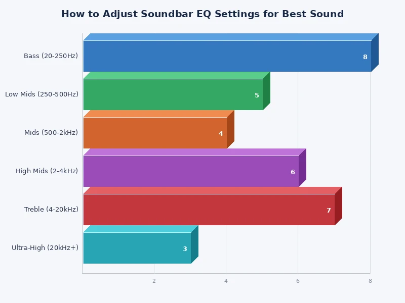 Bar chart comparing recommended EQ boost and cut levels across bass, midrange, and treble for movies, music, and gaming