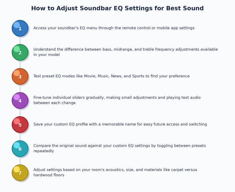 Step-by-step process diagram for adjusting soundbar EQ settings from flat baseline to optimized profile