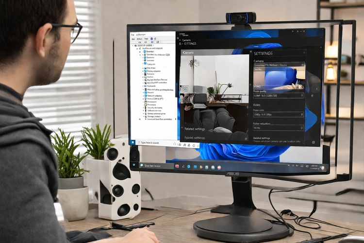 A person at a desktop PC adjusting camera settings in Windows Device Manager or Camera app, with the webcam visible clipped to the monitor. Clean, well-lit home office environment.