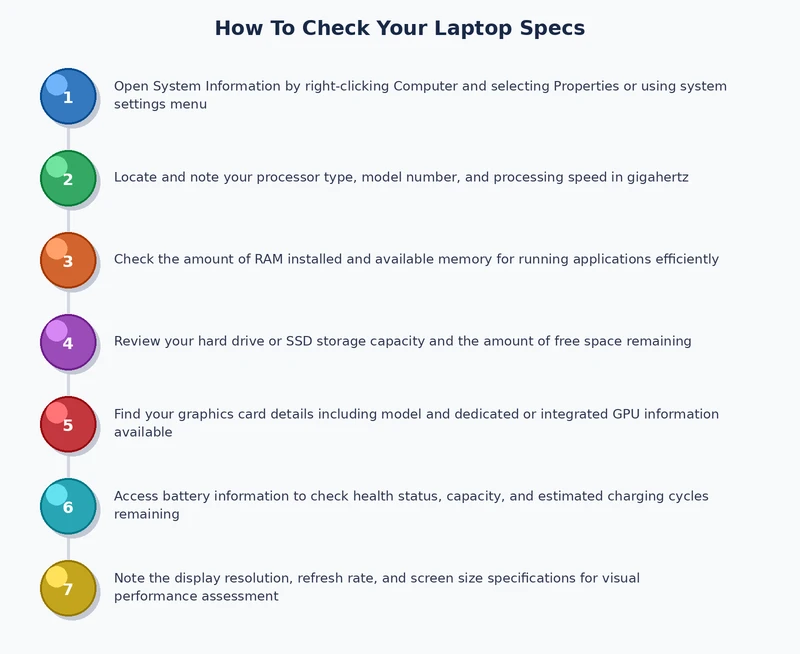 Step-by-step process diagram for checking laptop specs on Windows, macOS, and Chrome OS