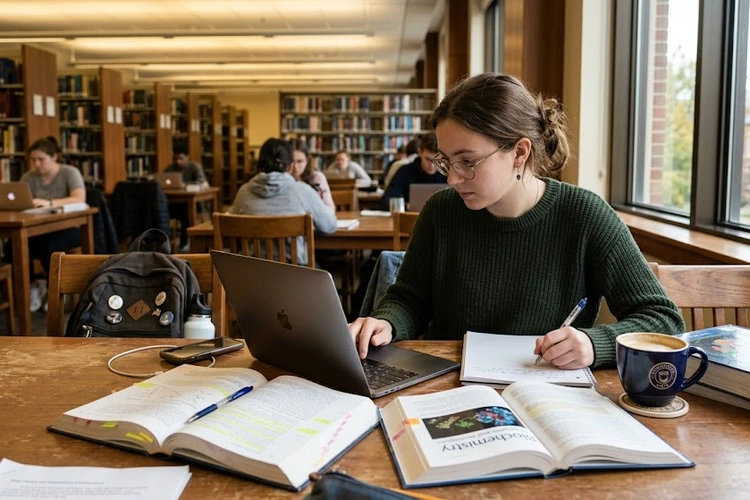 student choosing a laptop for college on a desk with notebooks
