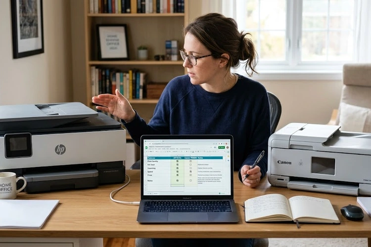 how to choose a printer for home office — compact laser printer on a wooden desk next to a laptop