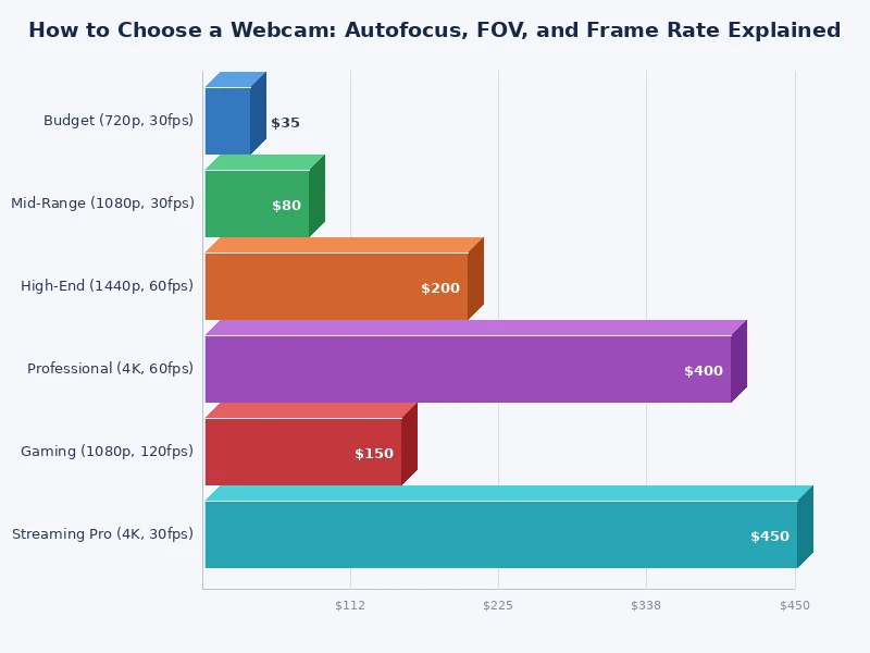 chart comparing webcam specs including resolution frame rate and field of view across price tiers