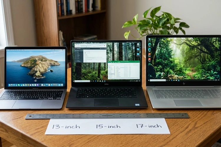 how to choose laptop screen size comparison of different laptop sizes on a desk