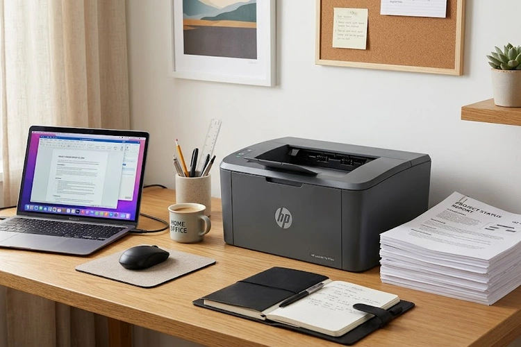 best laser printer for home use sitting on a desk in a modern home office