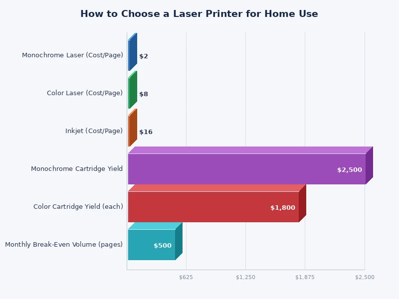 chart comparing laser printer types for home use by cost per page and monthly volume
