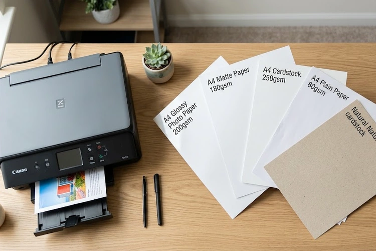assorted printer paper types stacked on a desk showing how to choose printer paper type