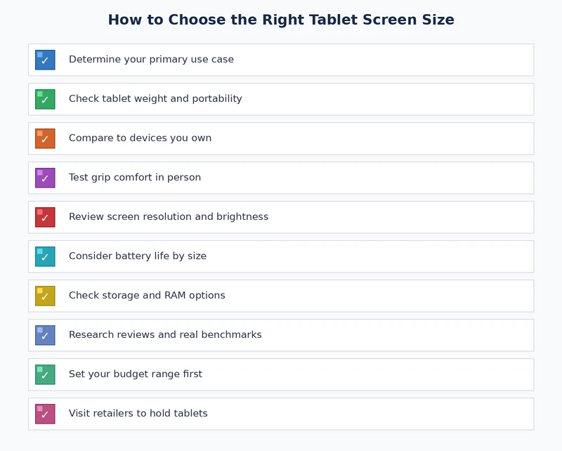 Checklist for how to choose tablet screen size based on use case, portability, and budget