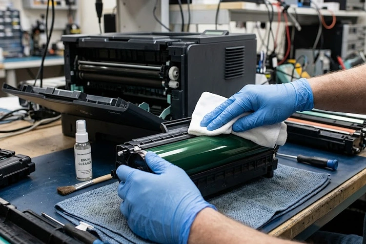 how to clean laser printer drum unit removed from printer on clean surface
