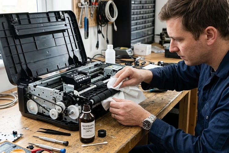 Close-up of printer rollers being cleaned with a lint-free cloth