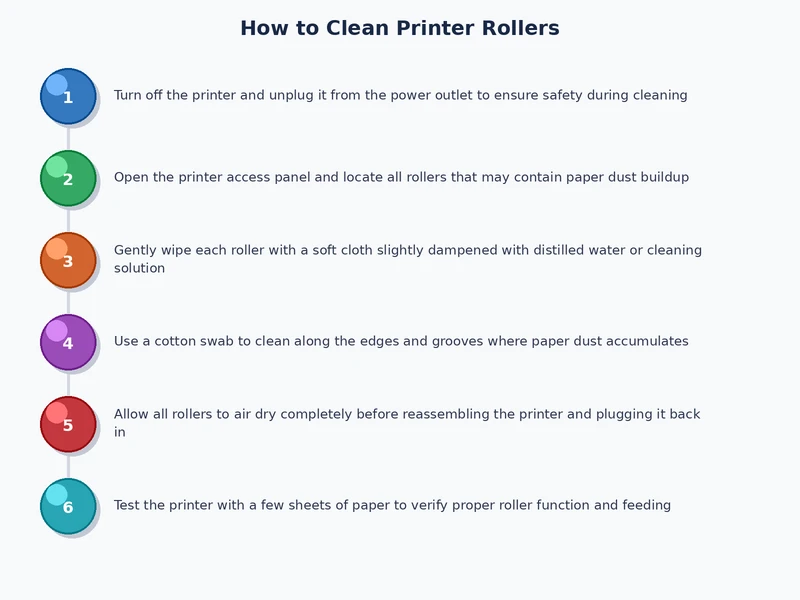 Step-by-step process diagram for cleaning printer rollers safely