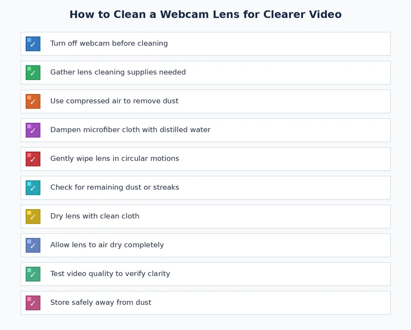 webcam lens cleaning checklist showing tools and step by step process