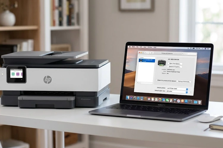 HP printer connected to Mac laptop on a clean desk workspace