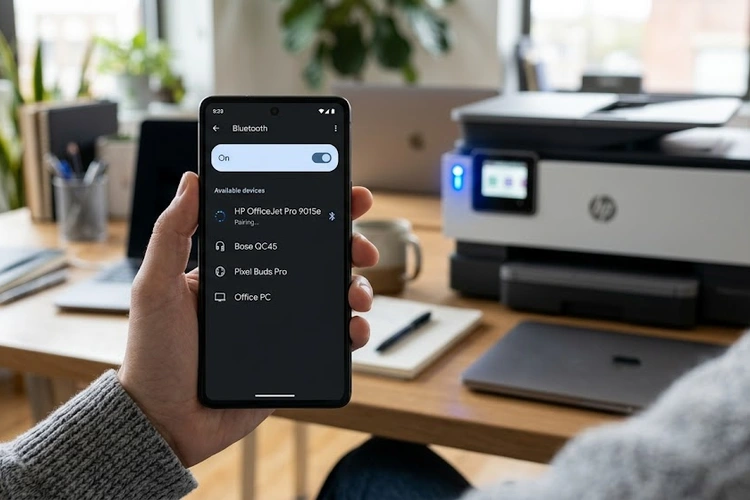 how to connect printer via bluetooth — pairing screen on laptop next to wireless printer