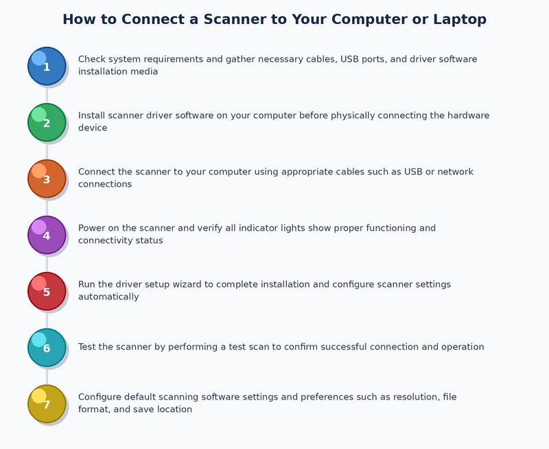 Step-by-step process diagram showing how to connect scanner to computer via USB and Wi-Fi