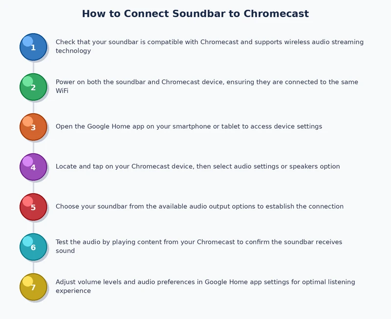 Step-by-step process diagram for connecting a soundbar to Chromecast via HDMI ARC