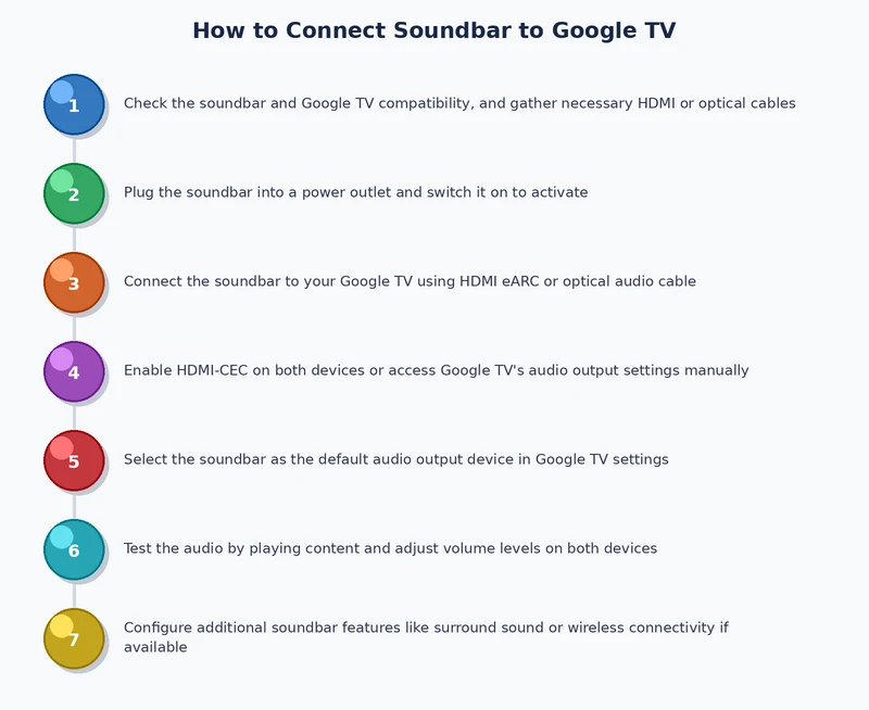 step-by-step process diagram for connecting soundbar to Google TV via HDMI ARC