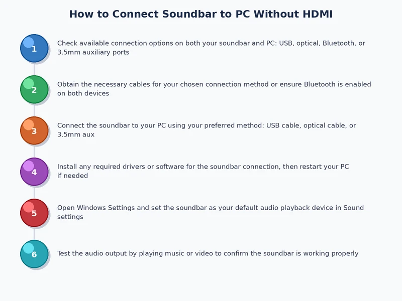 process diagram showing steps to connect soundbar to PC via optical, AUX, Bluetooth, and USB without HDMI