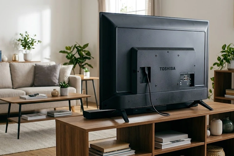 Soundbar connected to Toshiba TV via HDMI ARC cable on a modern entertainment setup