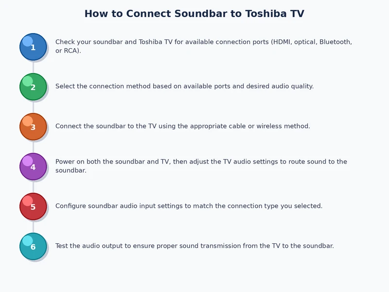 Process diagram showing the four steps to connect a soundbar to a Toshiba TV via HDMI ARC