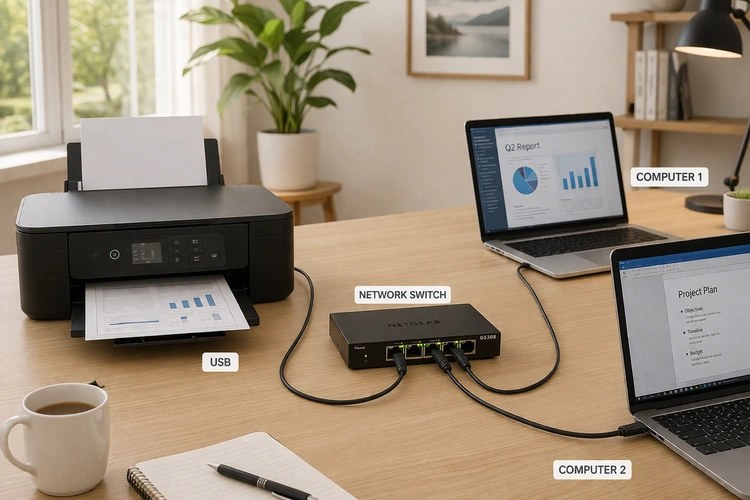 USB printer connected to a hub shared between multiple computers on a desk