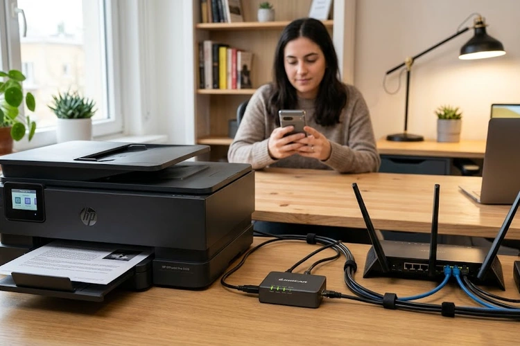 USB printer connected to a Wi-Fi router showing how to connect USB printer to wifi network