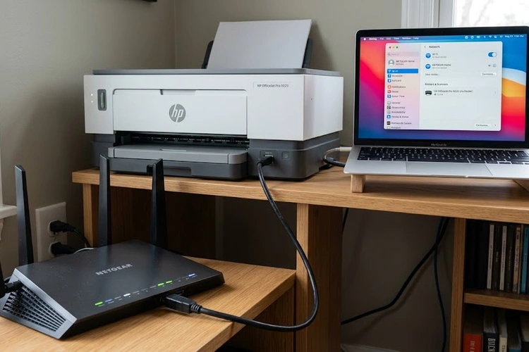 USB printer connected to a WiFi router via USB port showing wireless printing setup