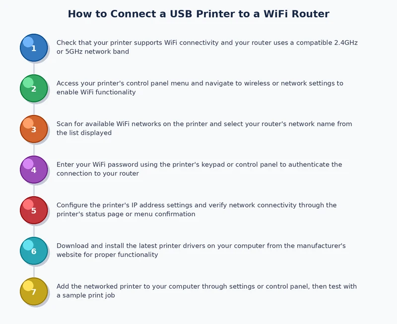 Step-by-step process diagram for connecting a USB printer to a WiFi router