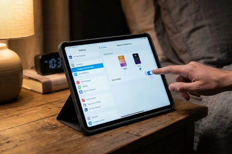 how to enable dark mode on tablet settings screen showing dark theme toggle