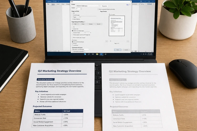 Enable draft mode on a printer to save ink — printer settings panel on screen