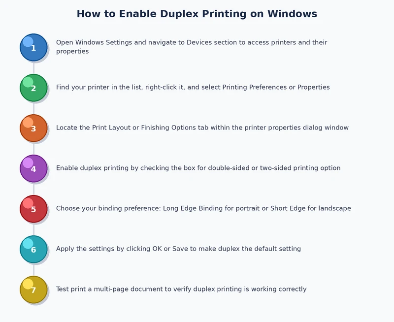 Process diagram showing the steps to enable duplex printing on Windows from Print dialog to driver settings