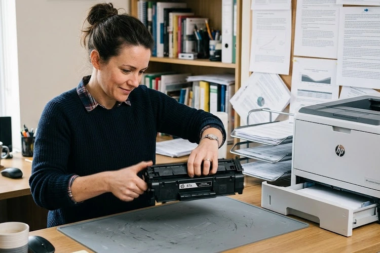 How to extend toner cartridge life — hands removing a toner cartridge from a laser printer