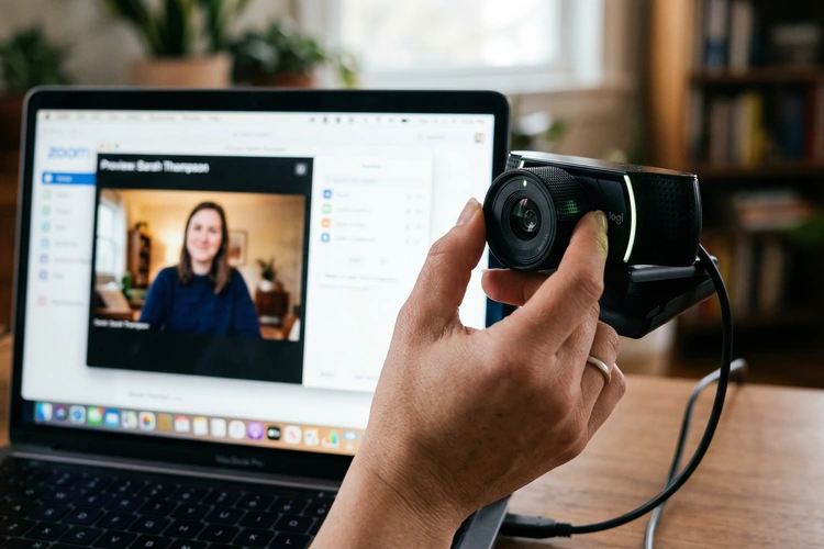Close-up of a webcam lens being adjusted by hand with a laptop open in the background showing a video preview. Sharp focus on the lens, slightly out-of-focus screen.