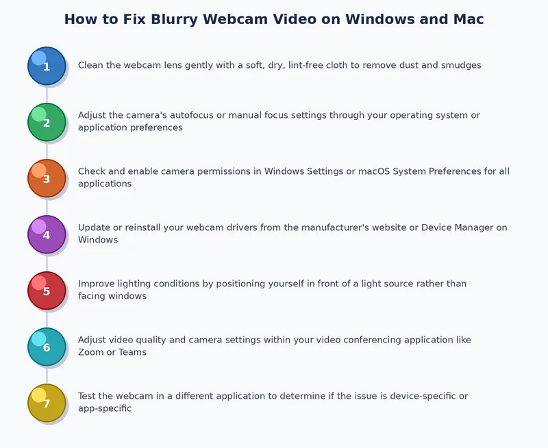 step-by-step process diagram for fixing blurry webcam video quality