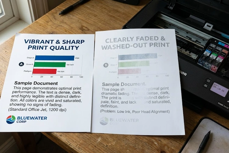 A close-up comparison of two printed pages side by side — one with vibrant, sharp text and one with clearly faded, washed-out text — placed on a desk next to an open printer. The contrast clearly illustrates the print quality issue.
